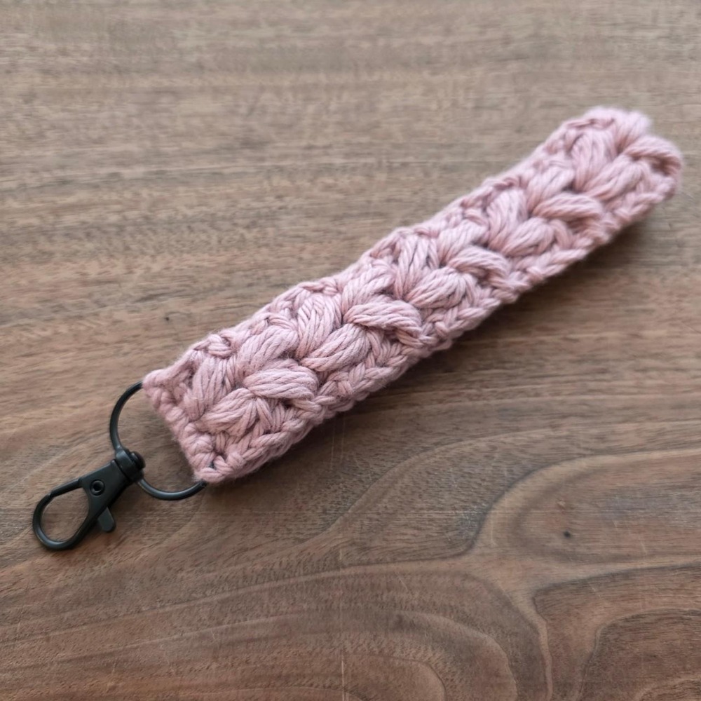 Handmade Dusty Pink Crochet Wristlet Keychain Floral Puff Cotton Key Fob Black